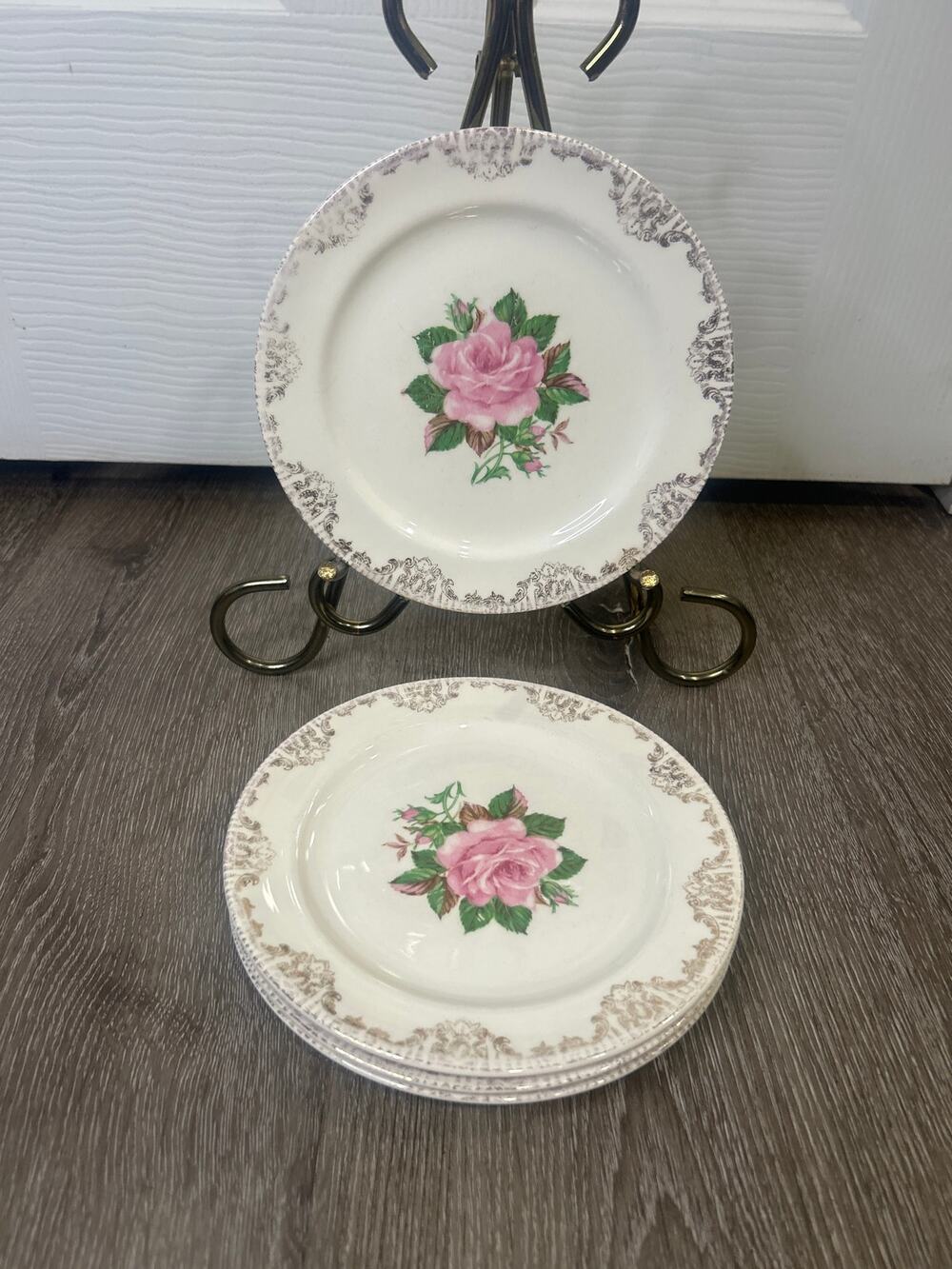 Vintage Paden City Pottery American Rose Dessert Plates 22K Gold Set of 4 (1951)